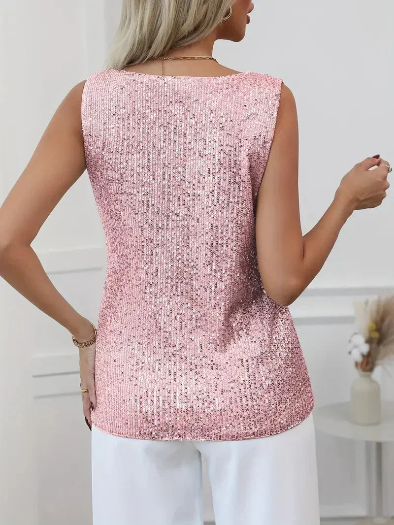 Women’s Sleeveless V-Neck Top with All-Over Sequin Detail