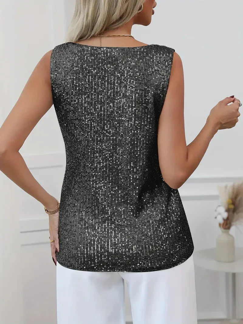 Women’s Sleeveless V-Neck Top with All-Over Sequin Detail