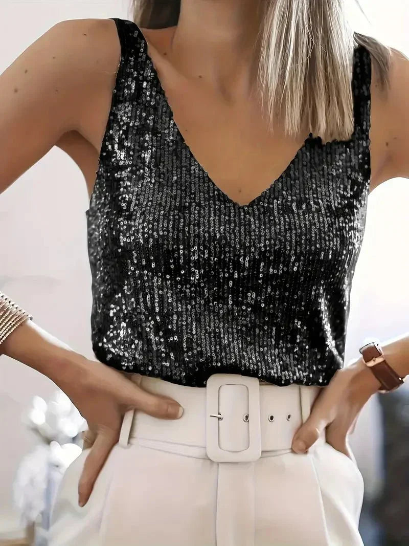 Women’s Sleeveless V-Neck Top with All-Over Sequin Detail