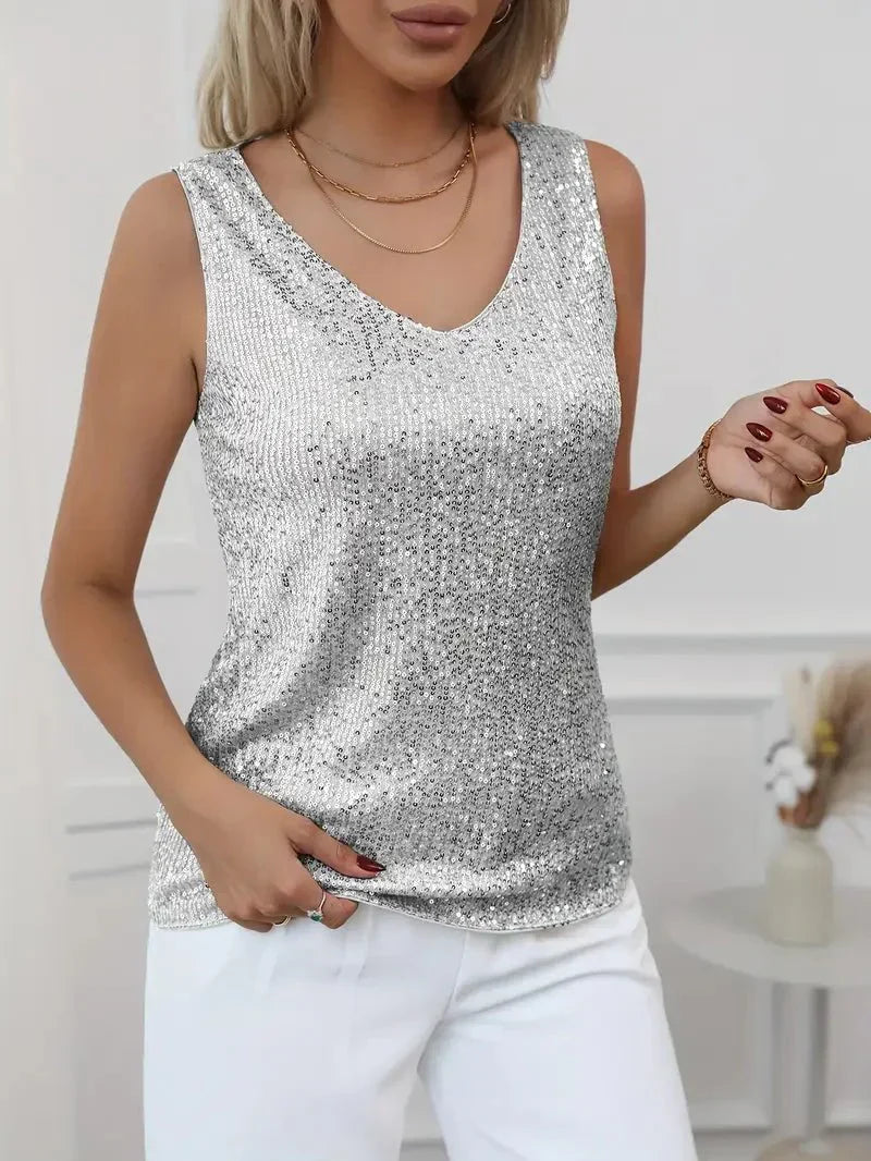 Women’s Sleeveless V-Neck Top with All-Over Sequin Detail