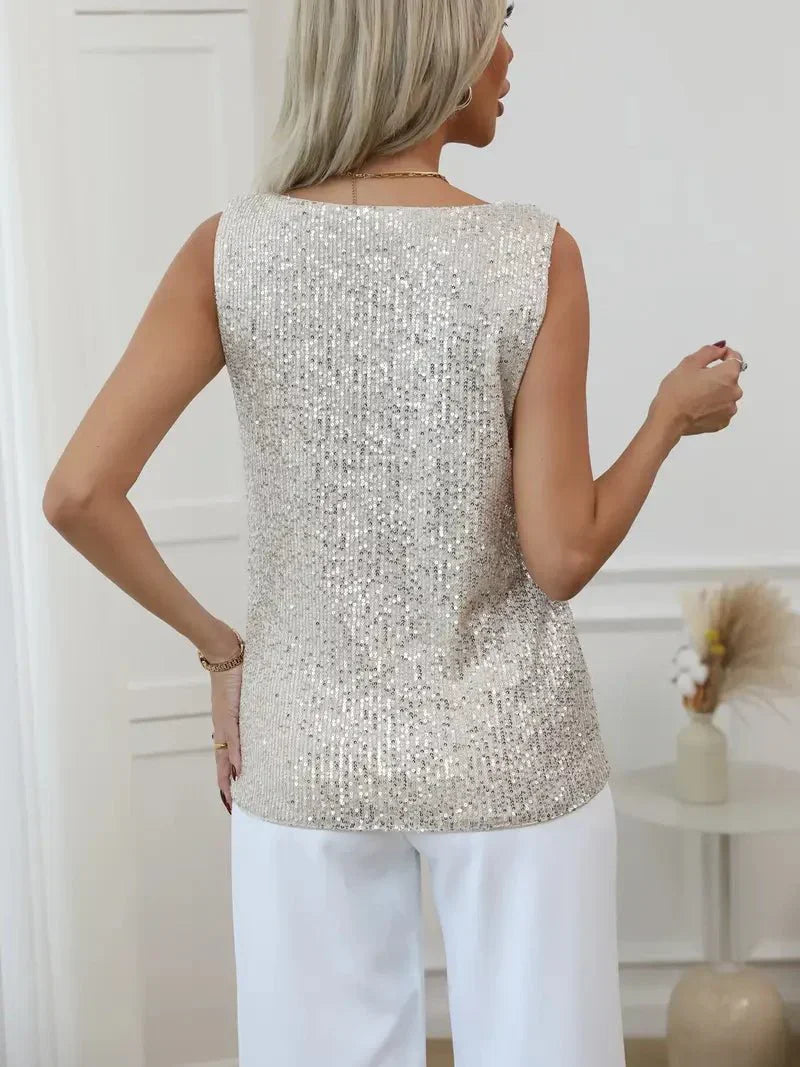 Women’s Sleeveless V-Neck Top with All-Over Sequin Detail