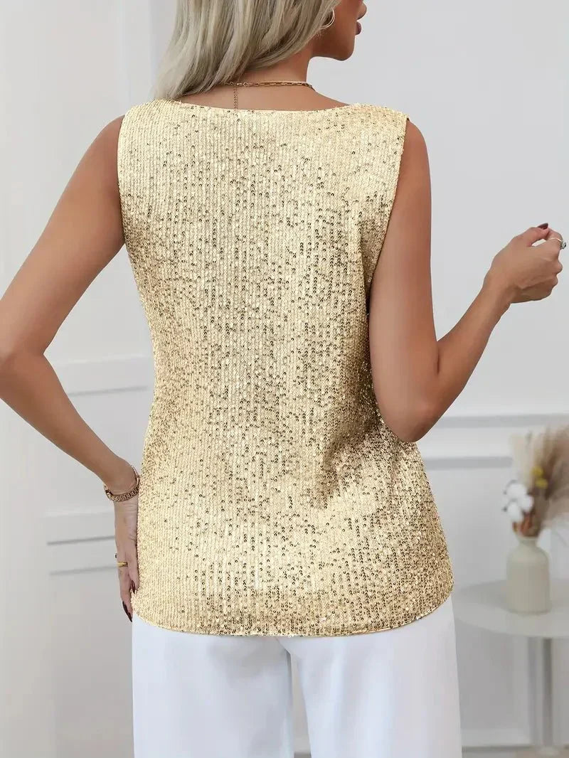 Women’s Sleeveless V-Neck Top with All-Over Sequin Detail