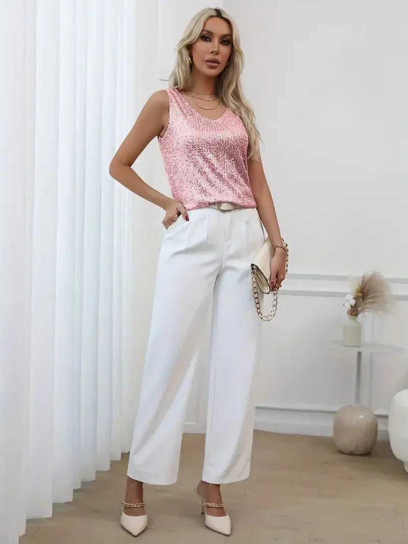 Women’s Sleeveless V-Neck Top with All-Over Sequin Detail