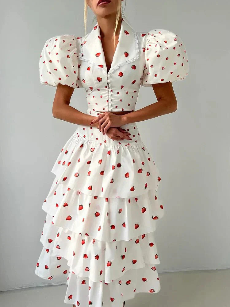 Women’s Strawberry Print Crop Top and Tiered Ruffle Skirt Two Piece Set