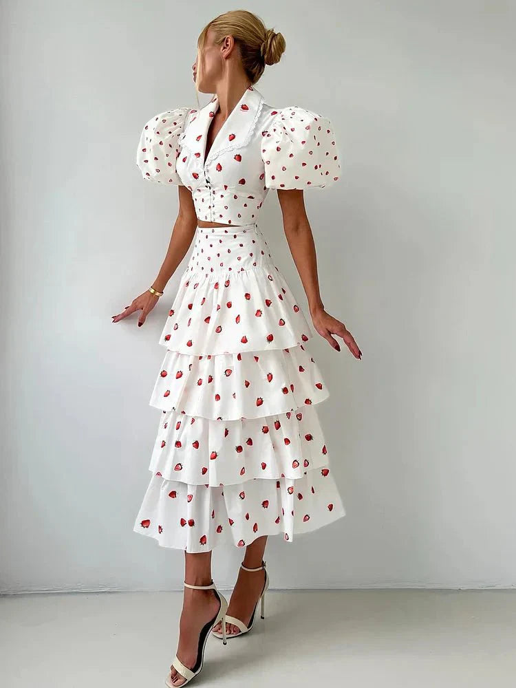 Women’s Strawberry Print Crop Top and Tiered Ruffle Skirt Two Piece Set
