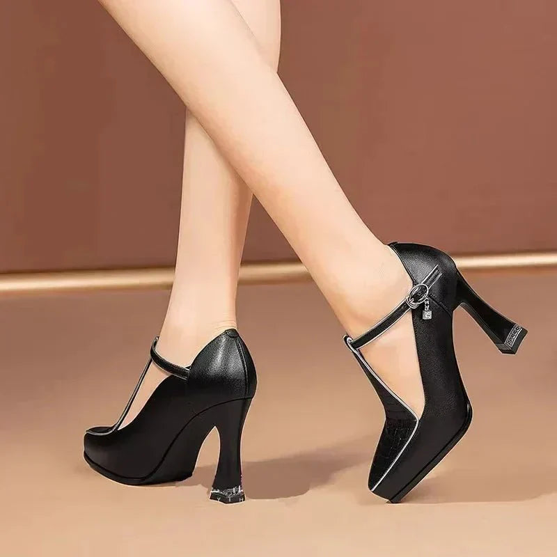 Women’s T-Strap Block Heels with Pointed Toe and Buckle Closure