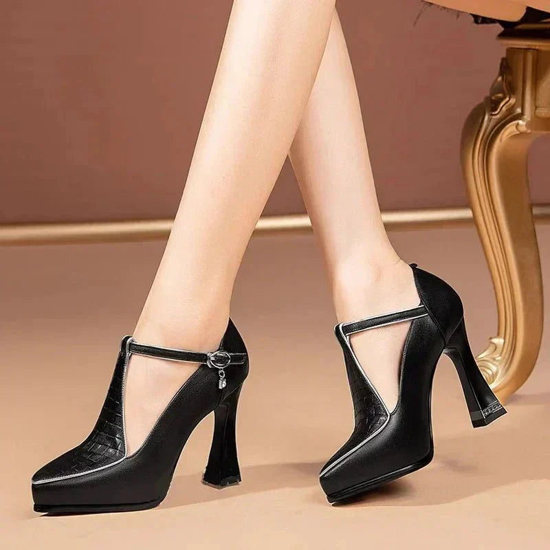Women’s T-Strap Block Heels with Pointed Toe and Buckle Closure