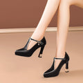 Women’s T-Strap Block Heels with Pointed Toe and Buckle Closure