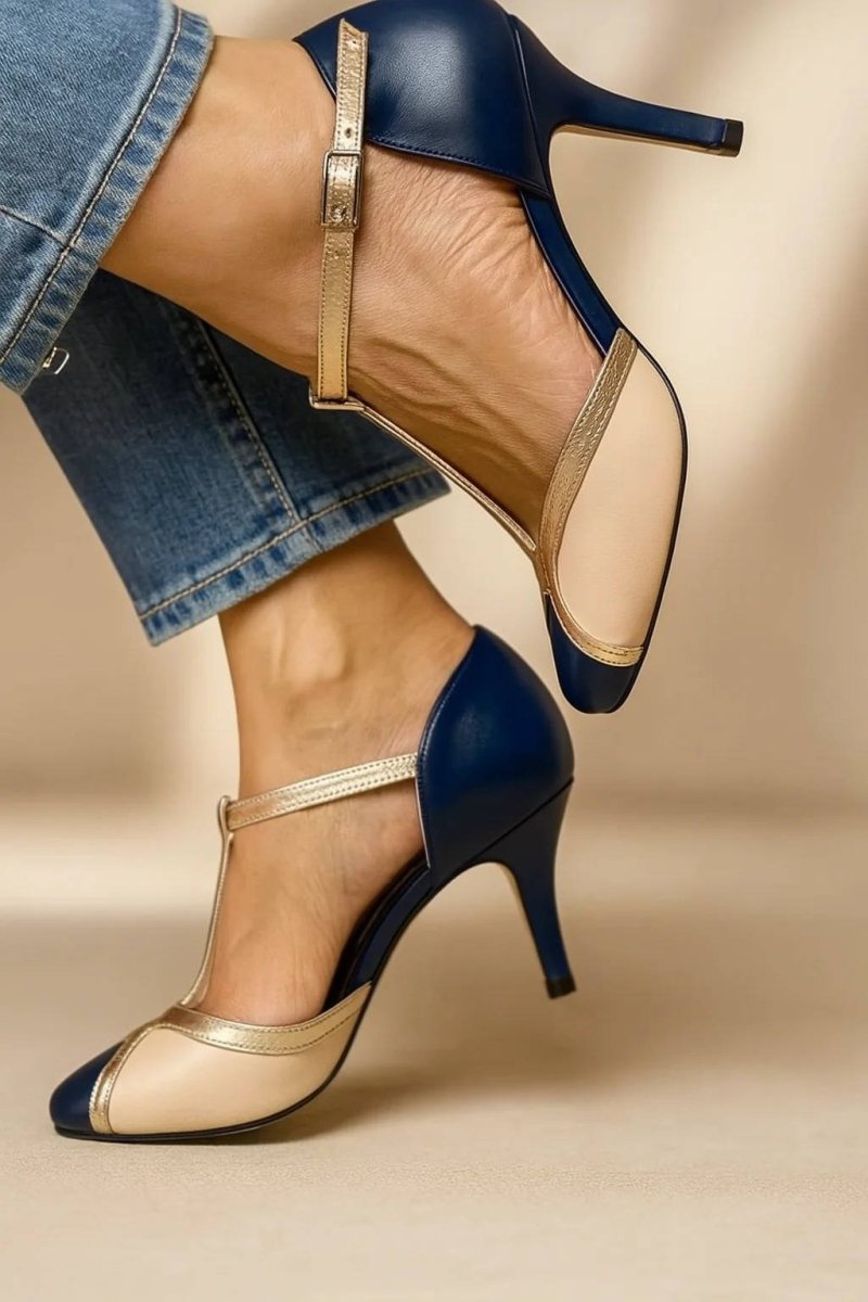 Women’s T-Strap Heels with Closed Toe and Buckle Ankle Strap
