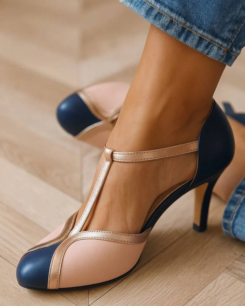 Women’s T-Strap Heels with Closed Toe and Buckle Ankle Strap