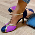 Women’s T-Strap Heels with Closed Toe and Buckle Ankle Strap