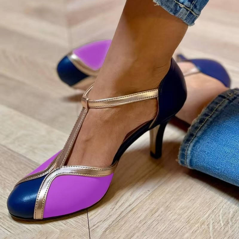 Women’s T-Strap Heels with Closed Toe and Buckle Ankle Strap