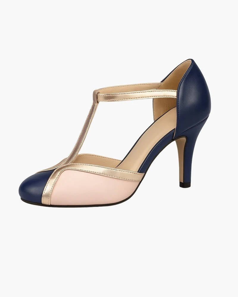 Women’s T-Strap Heels with Closed Toe and Buckle Ankle Strap