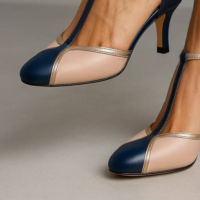 Women’s T-Strap Heels with Closed Toe and Buckle Ankle Strap