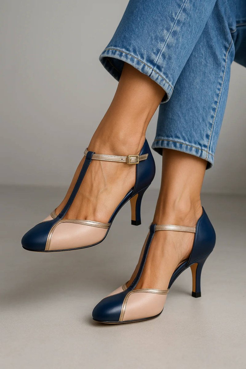 Women’s T-Strap Heels with Closed Toe and Buckle Ankle Strap