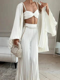 Women’s Three Piece Pleated Set with Crop Top, Cardigan and Wide Leg Trousers