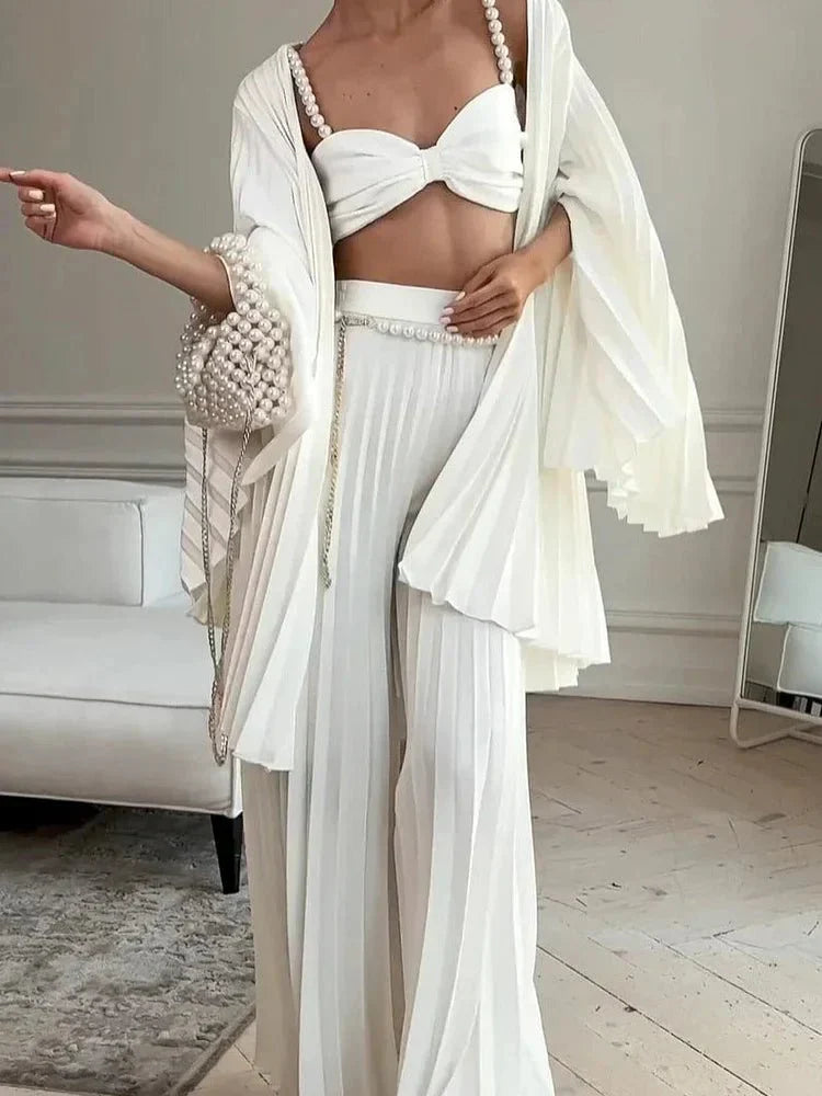 Women’s Three Piece Pleated Set with Crop Top, Cardigan and Wide Leg Trousers