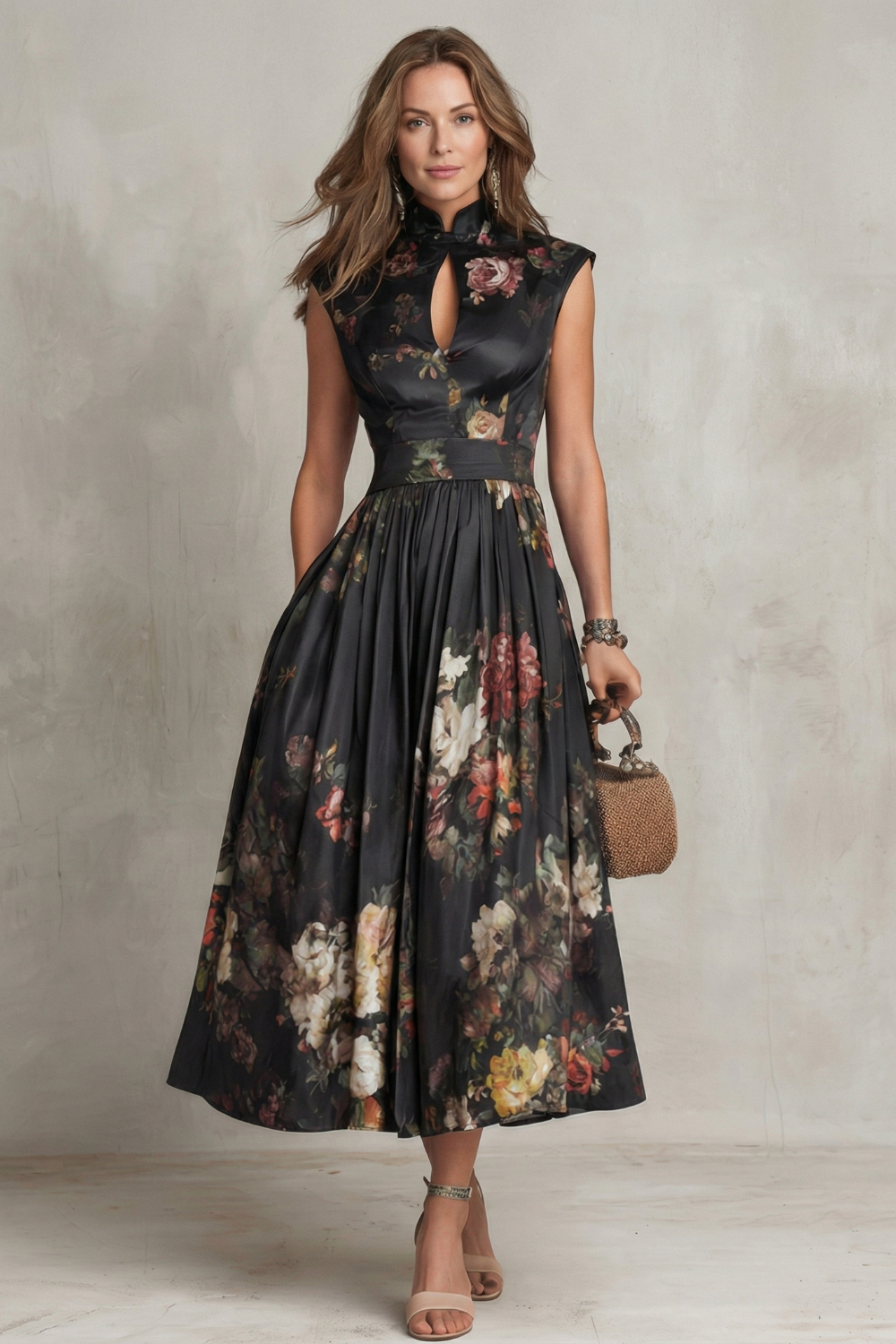 Women's Wedding Guest Black Floral High Neck Midi Dress