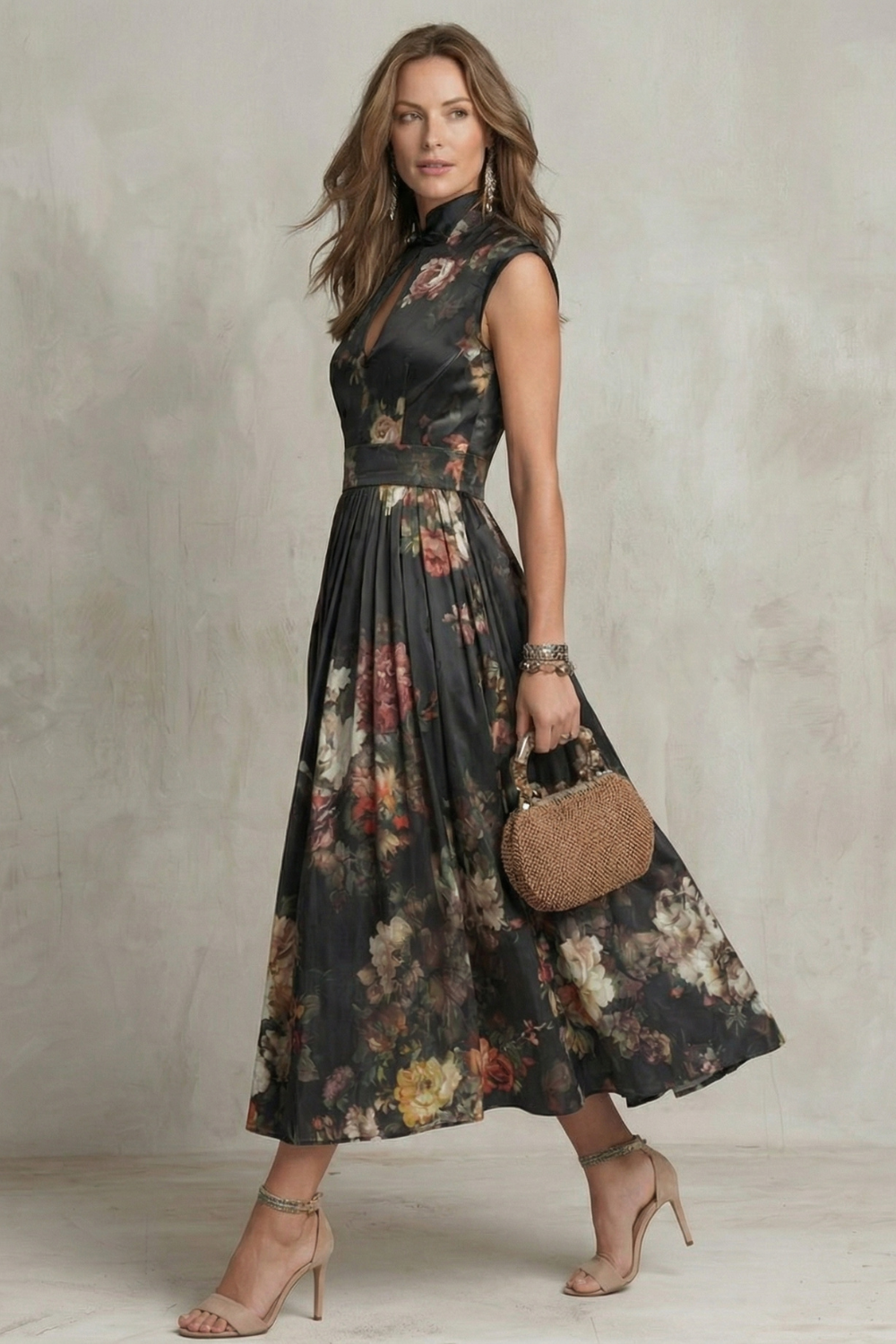 Women's Wedding Guest Black Floral High Neck Midi Dress
