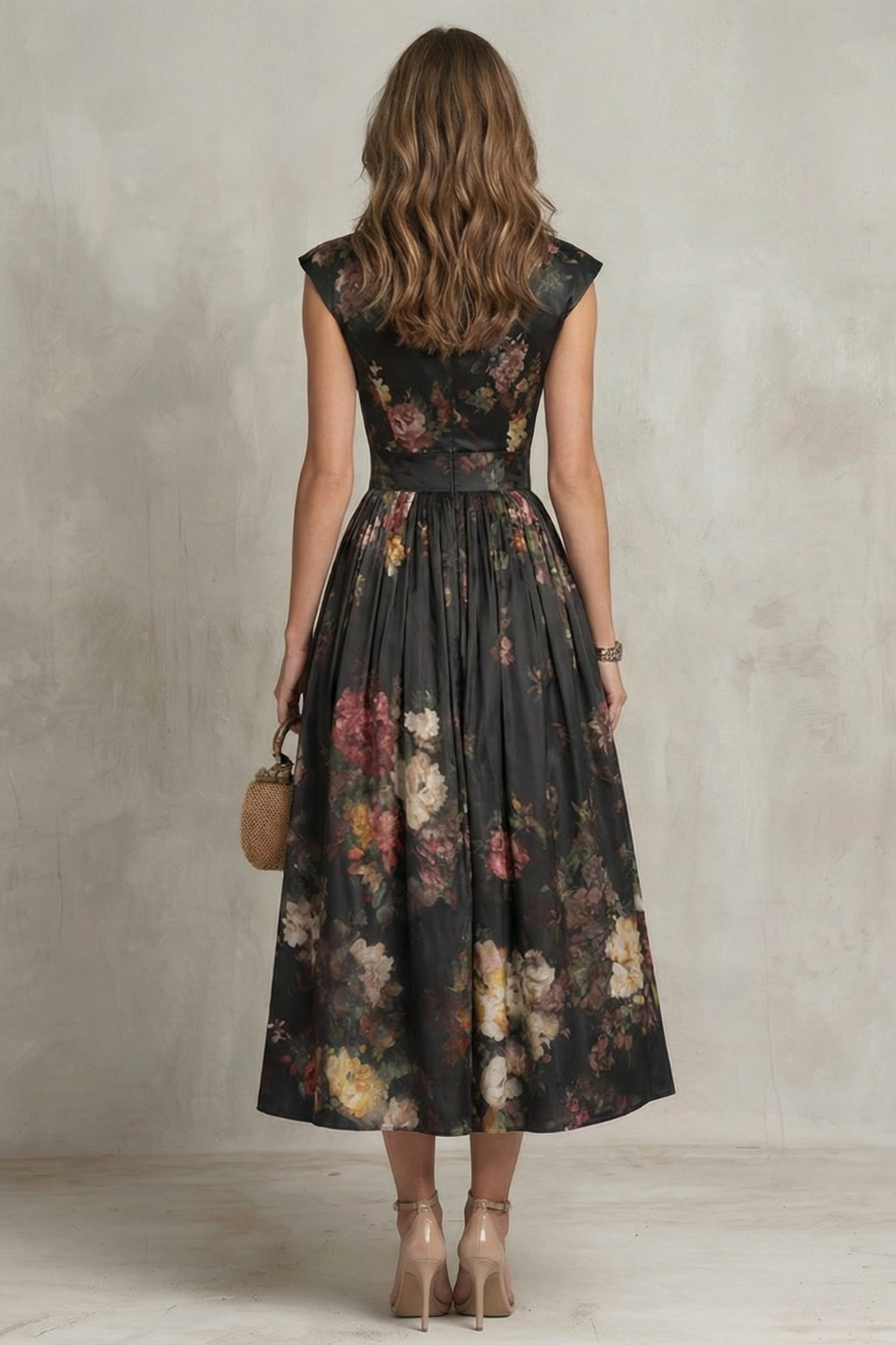 Women's Wedding Guest Black Floral High Neck Midi Dress