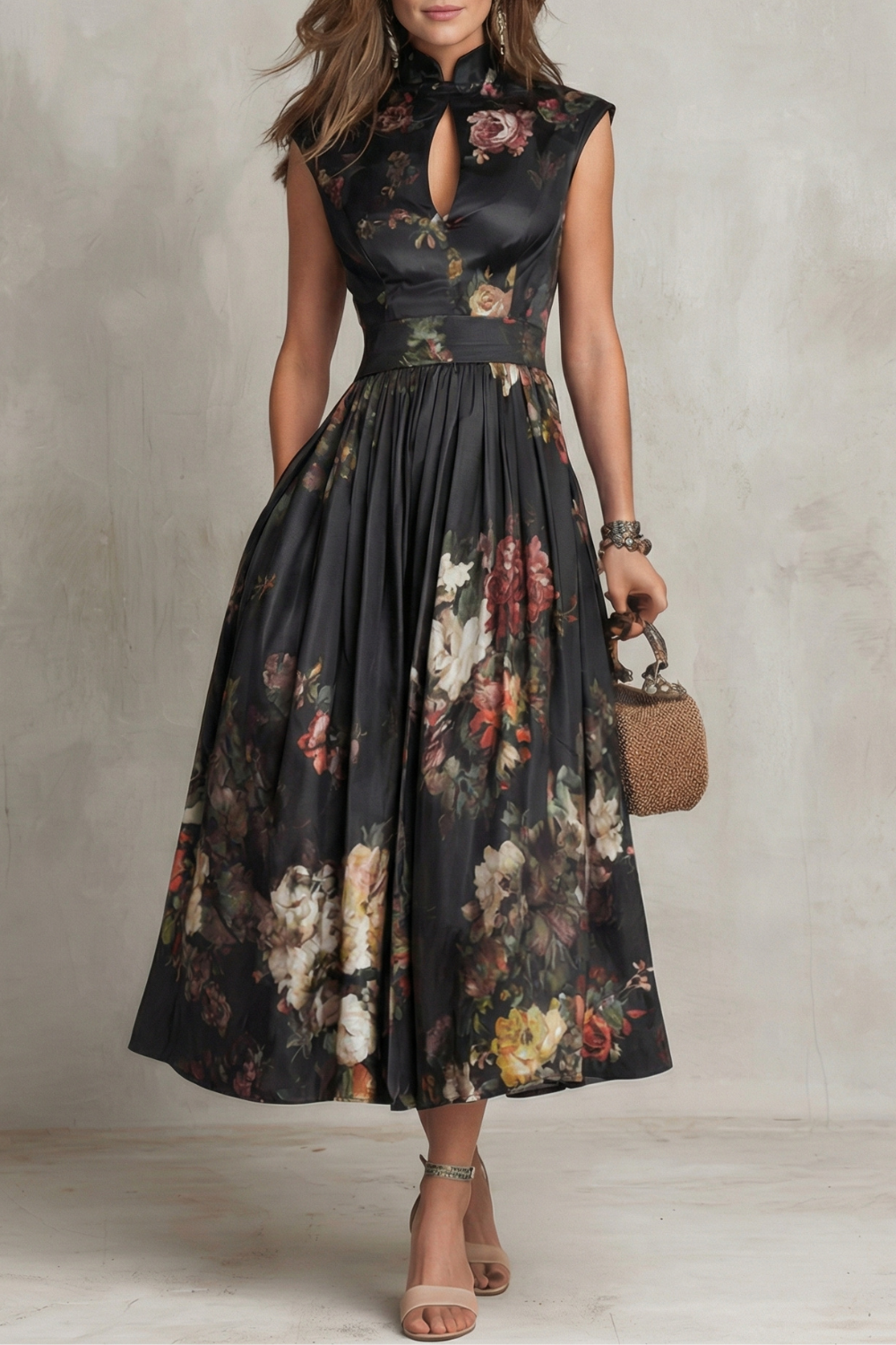 Women's Wedding Guest Black Floral High Neck Midi Dress