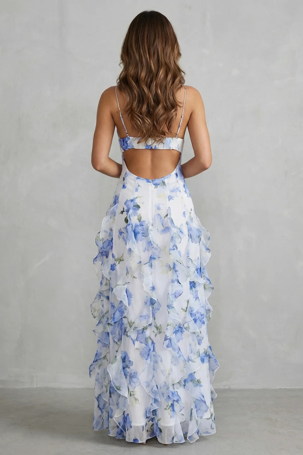 Women's Wedding Guest Floral Ruffle V-Neck Maxi Dress