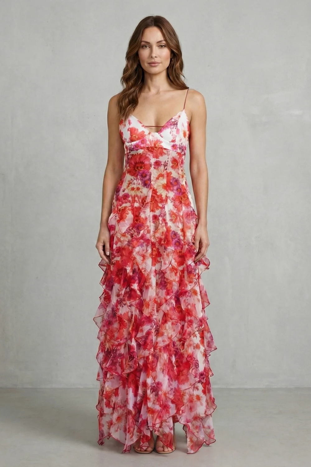 Women's Wedding Guest Floral Ruffle V-Neck Maxi Dress