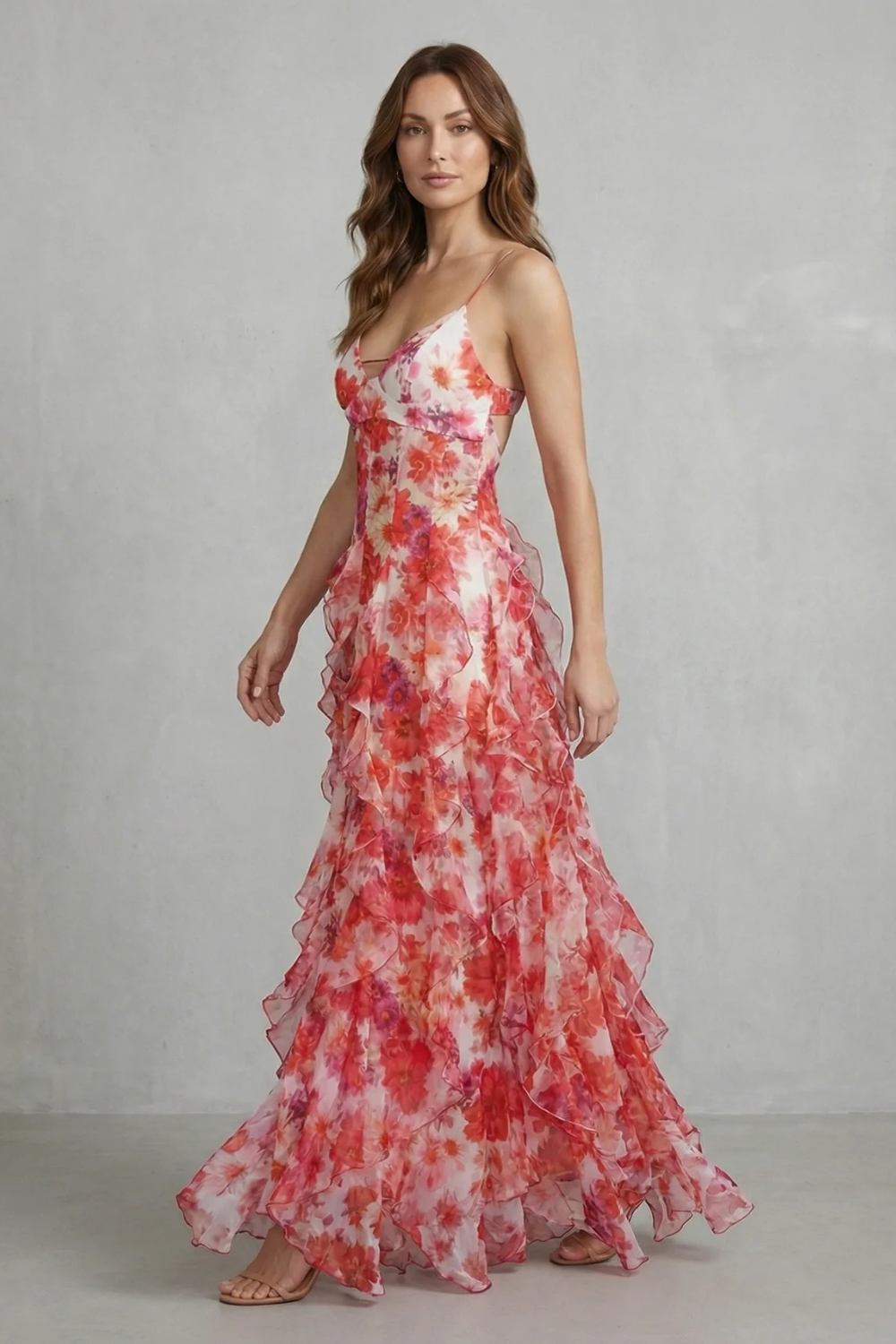 Women's Wedding Guest Floral Ruffle V-Neck Maxi Dress