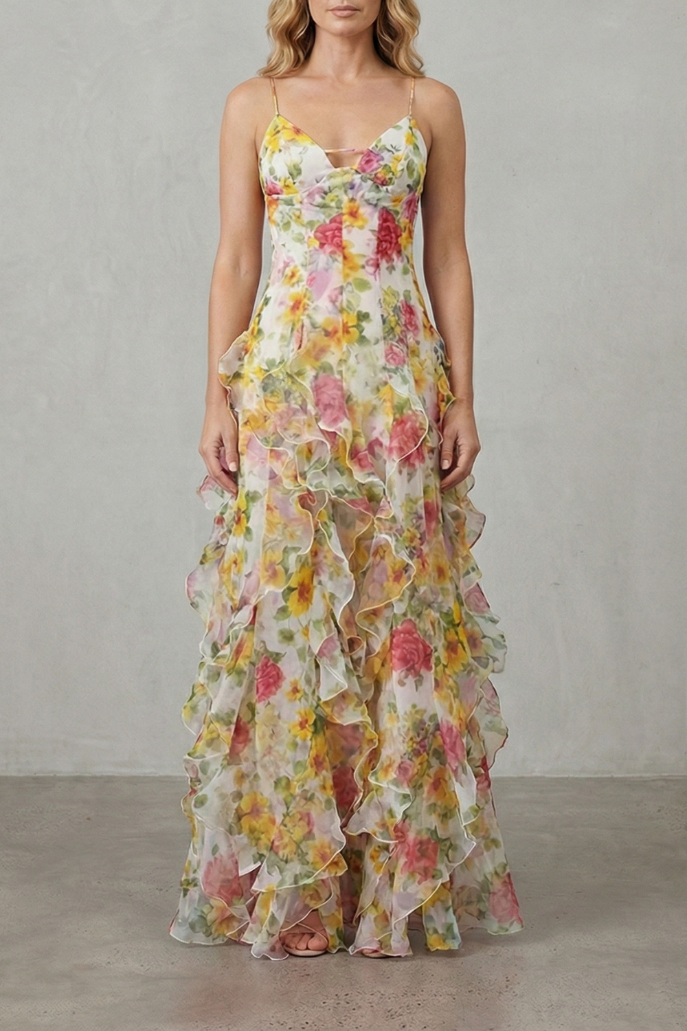 Women's Wedding Guest Floral Ruffle V-Neck Maxi Dress