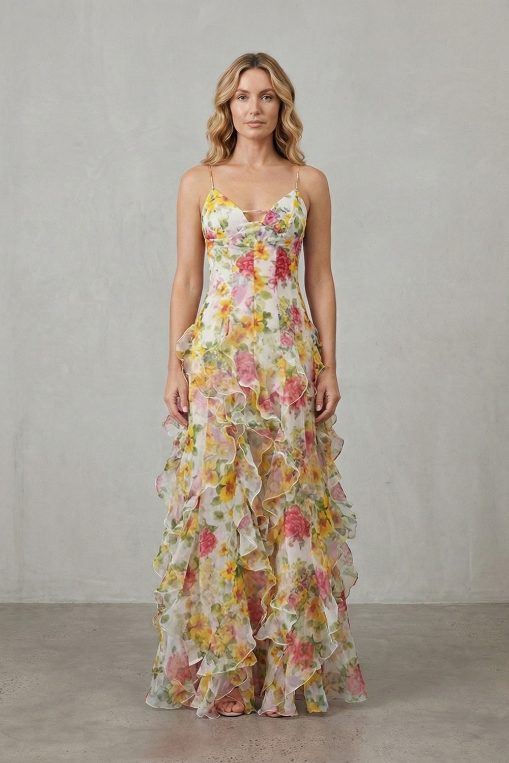 Women's Wedding Guest Floral Ruffle V-Neck Maxi Dress