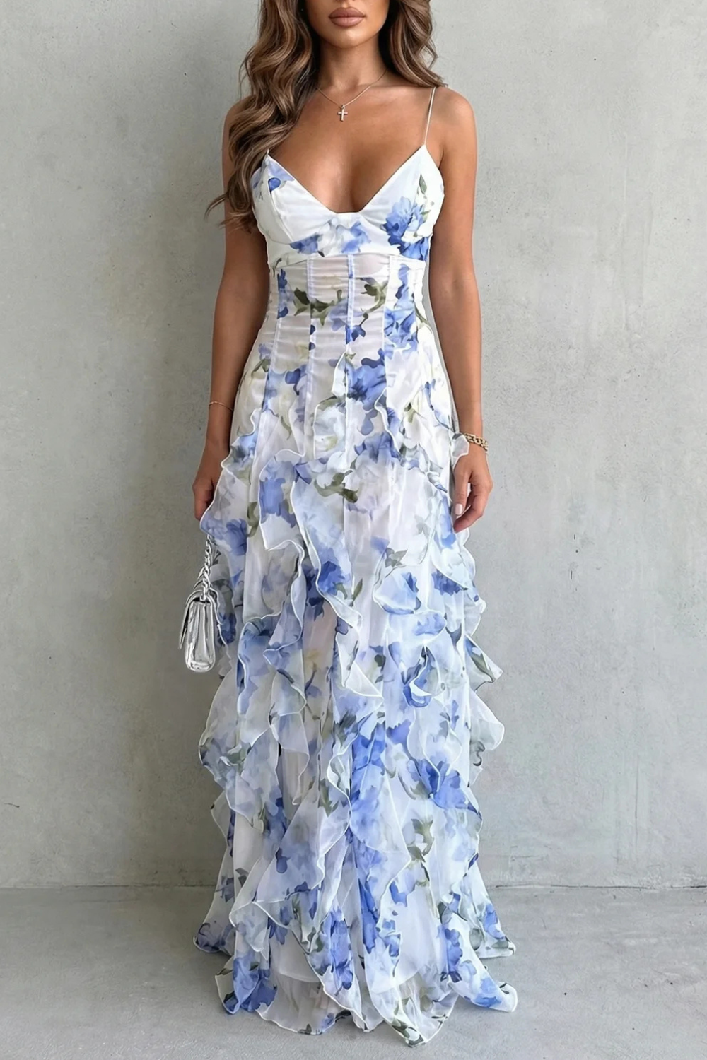 Women's Wedding Guest Floral Ruffle V-Neck Maxi Dress