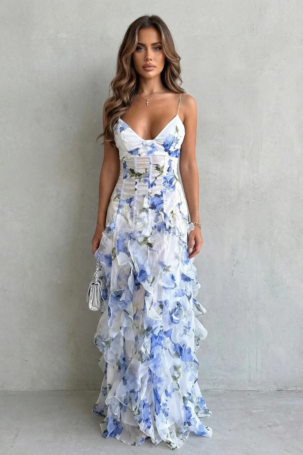 Women's Wedding Guest Floral Ruffle V-Neck Maxi Dress