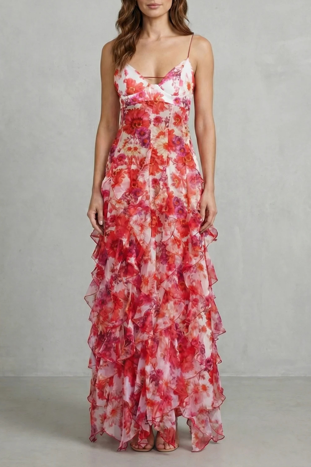 Women's Wedding Guest Floral Ruffle V-Neck Maxi Dress