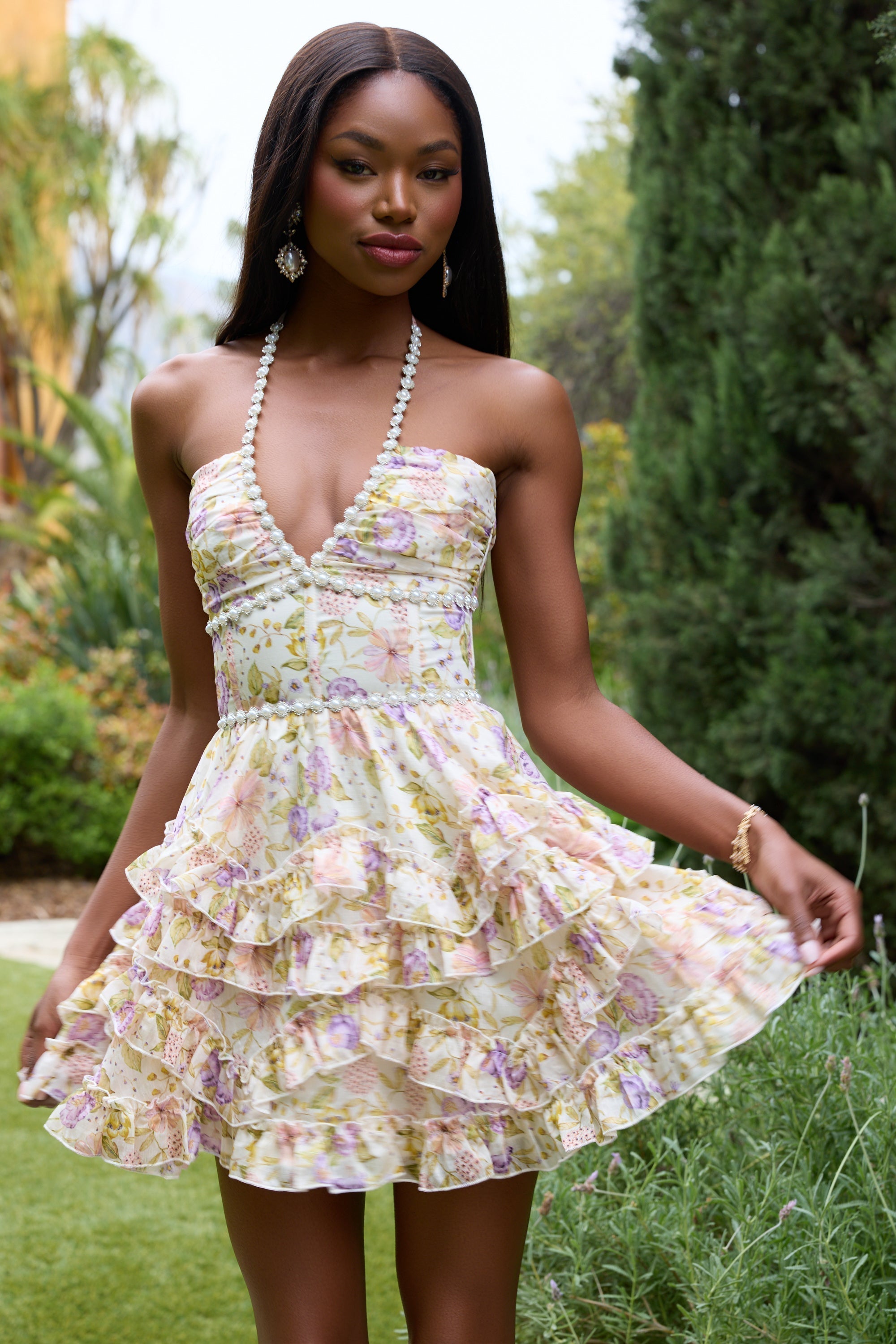 Women's Wedding Guest Pink Floral Halter Mini Dress