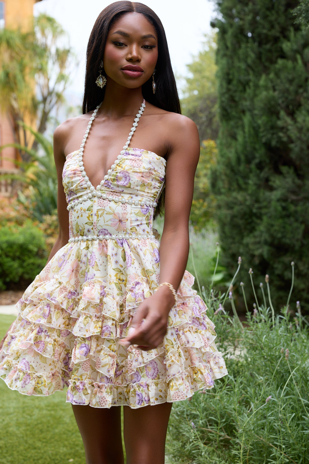 Women's Wedding Guest Pink Floral Halter Mini Dress