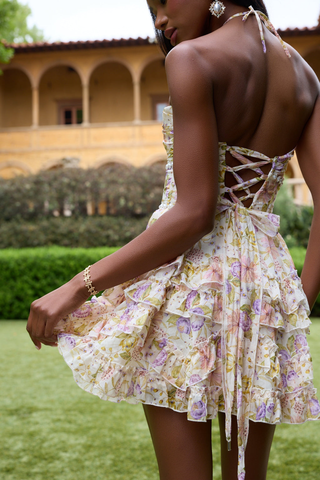 Women's Wedding Guest Pink Floral Halter Mini Dress