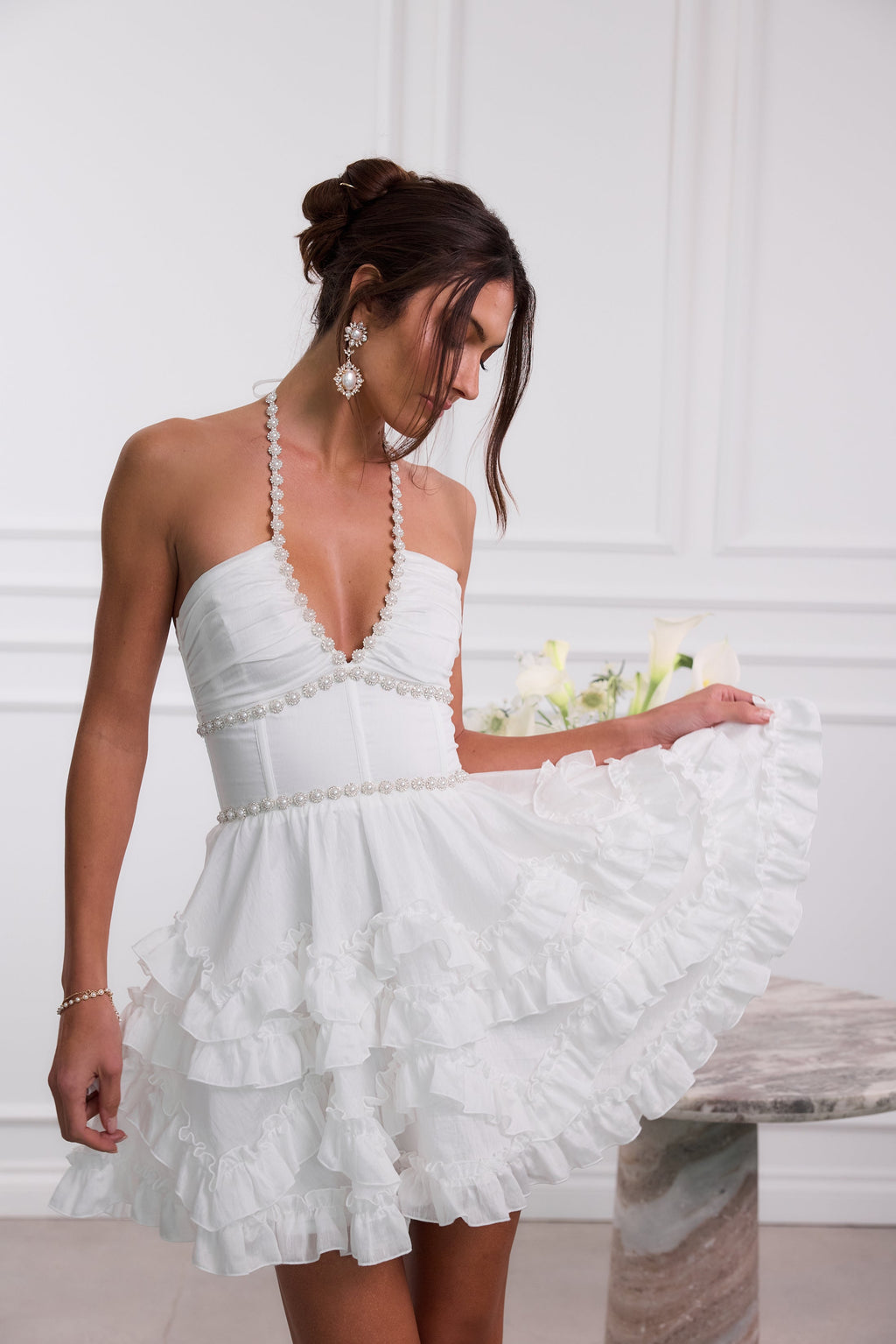 Women's Wedding Guest Pink Floral Halter Mini Dress