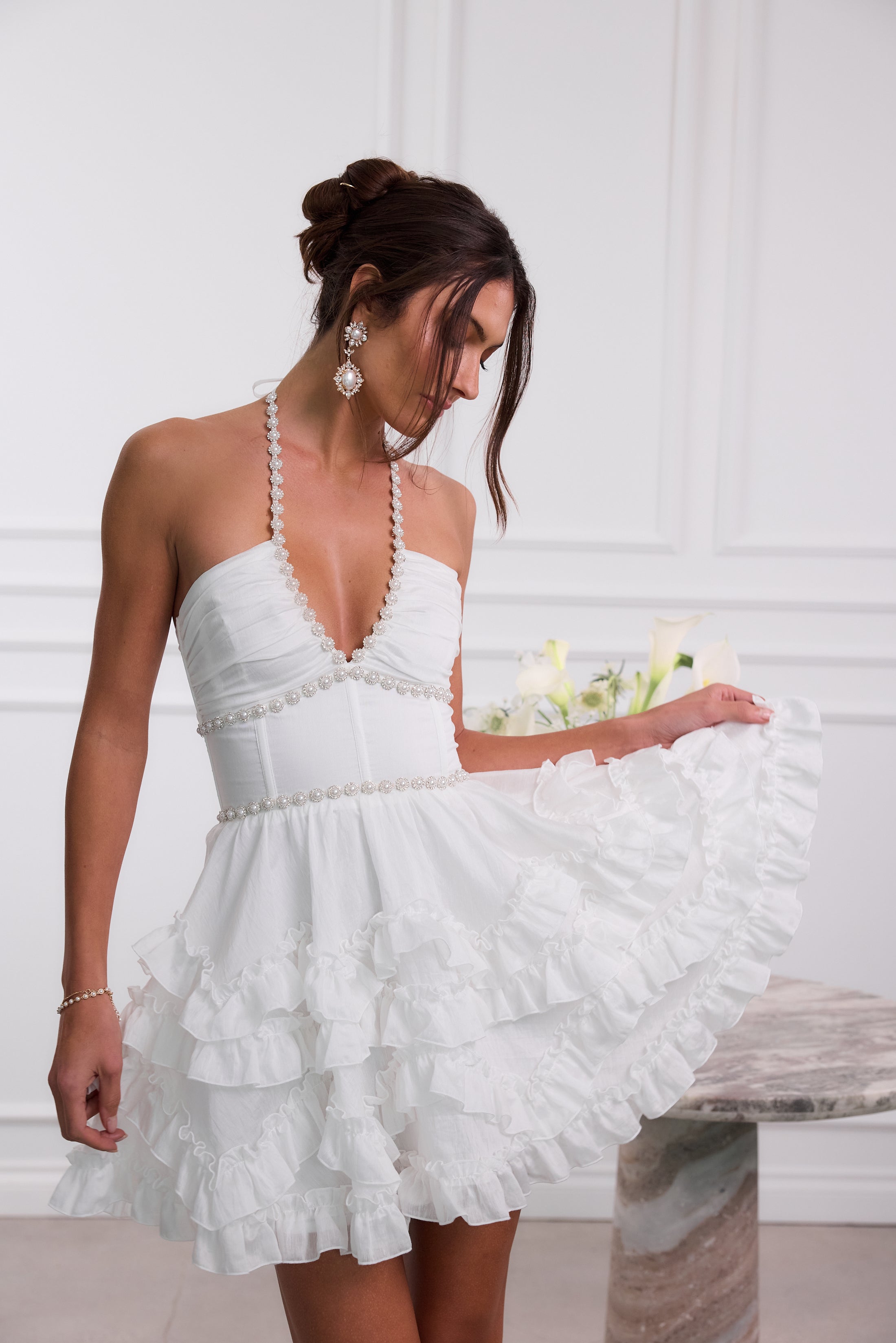 Women's Wedding Guest Pink Floral Halter Mini Dress