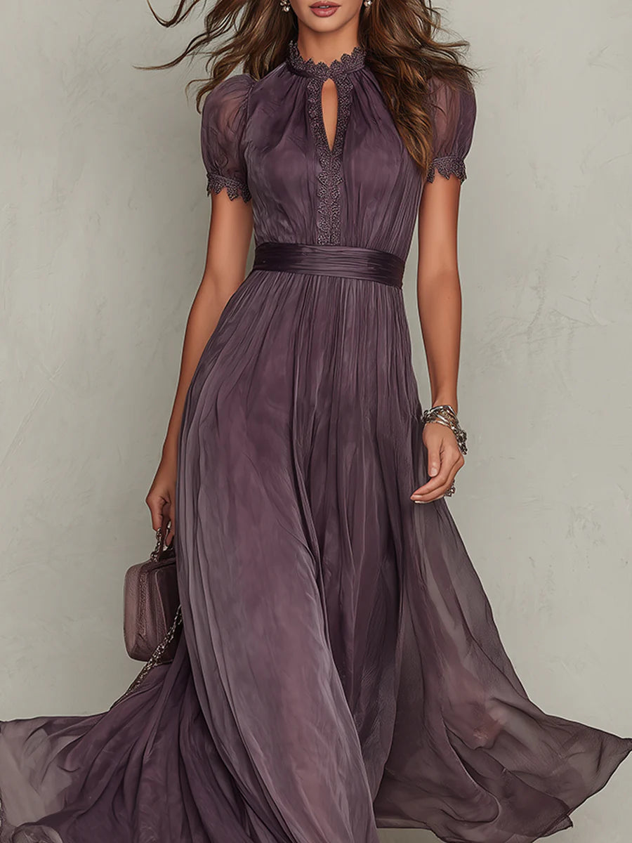 Women's Wedding Guest Purple Keyhole Chiffon Maxi Dress