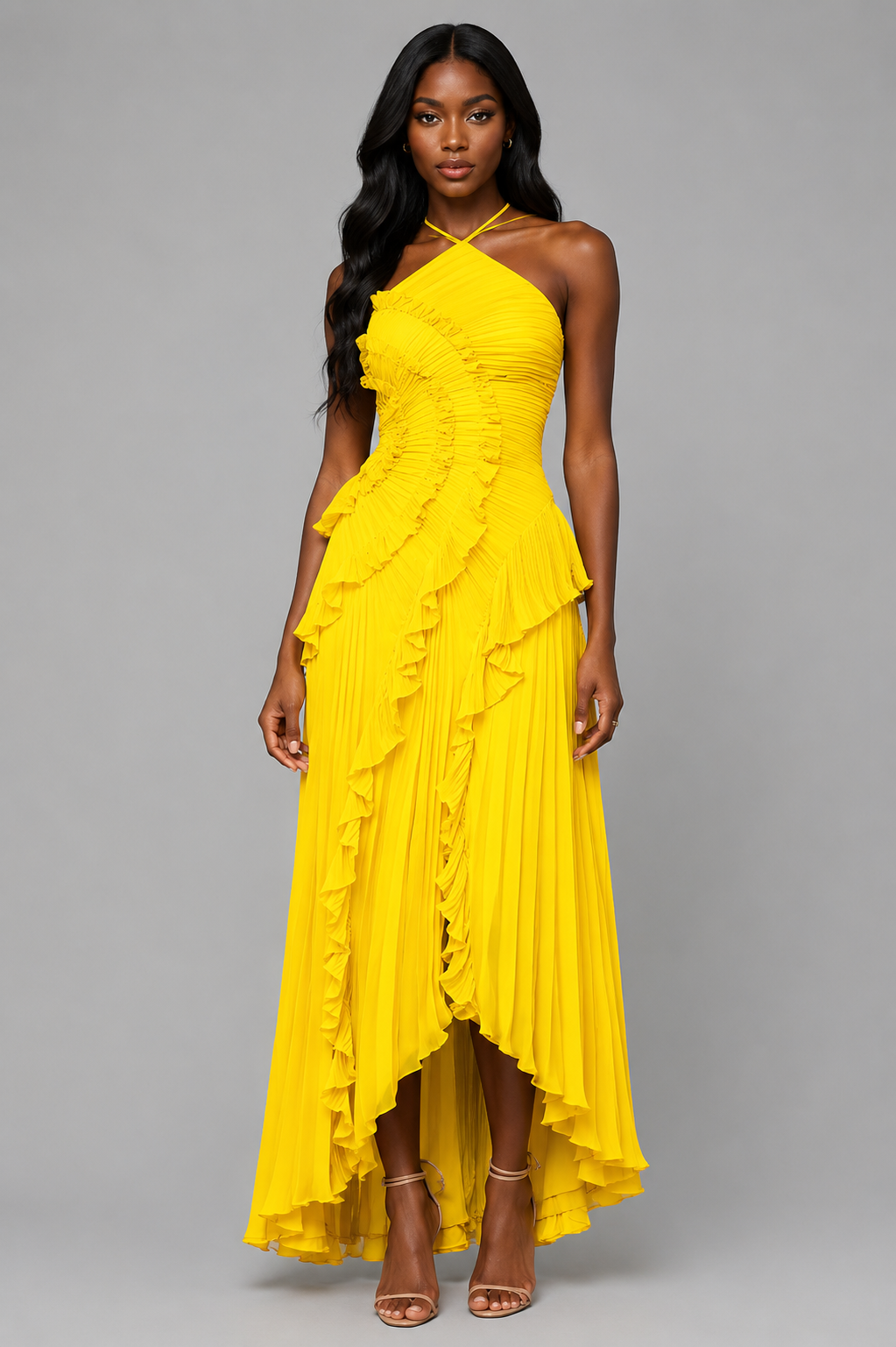Women's Romantic Pleated Ruffle Halter Maxi Dress