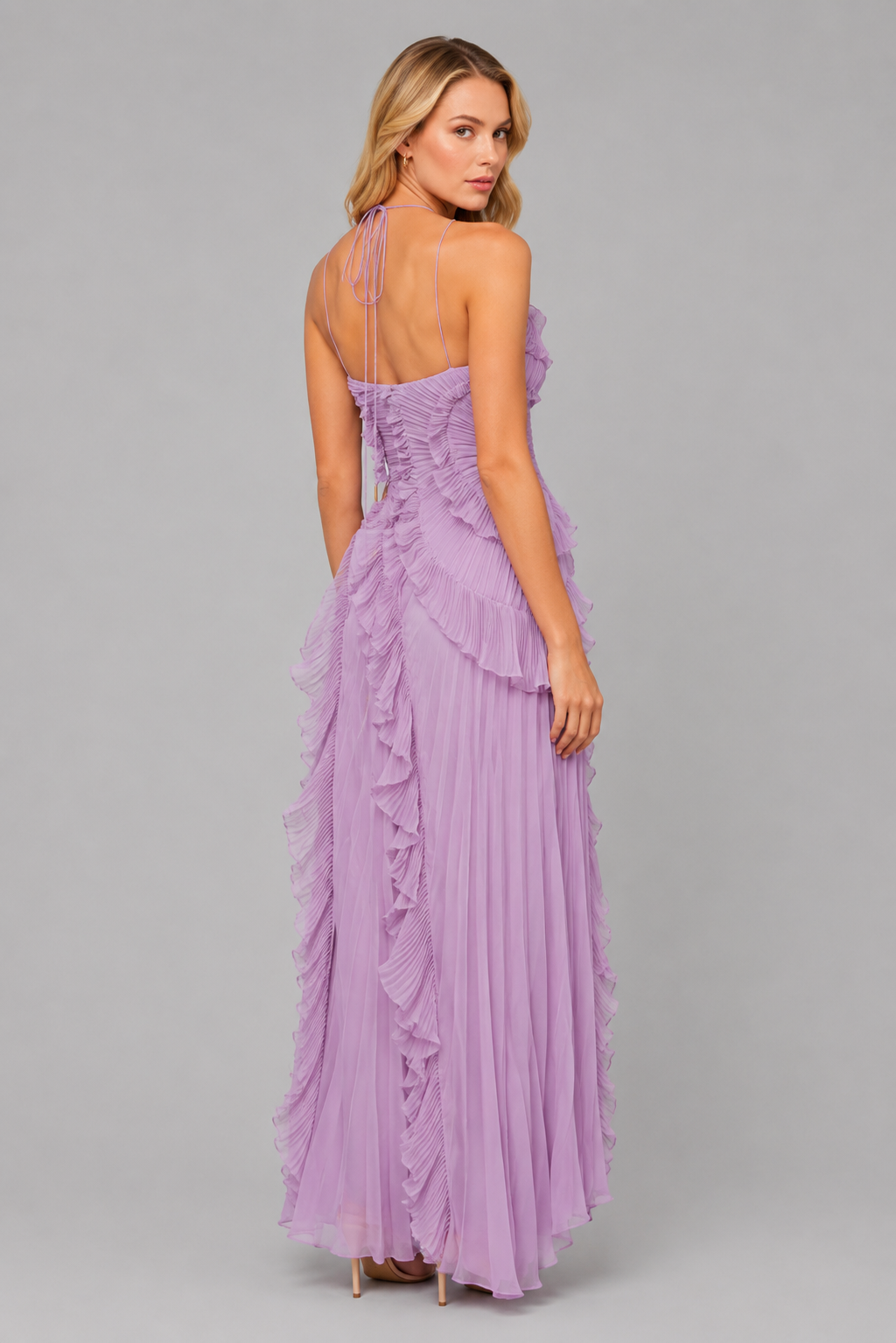 Women's Romantic Pleated Ruffle Halter Maxi Dress