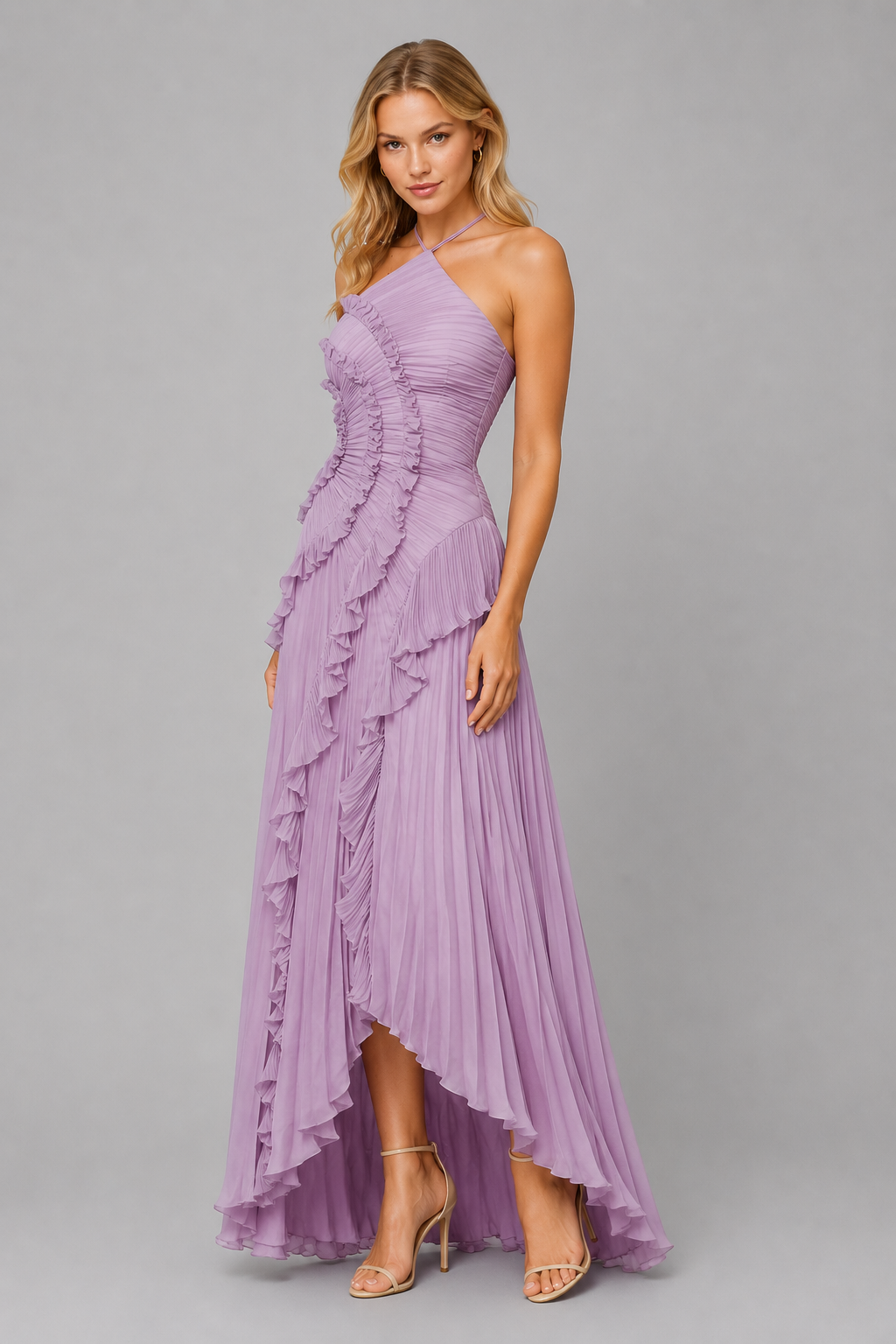 Women's Romantic Pleated Ruffle Halter Maxi Dress